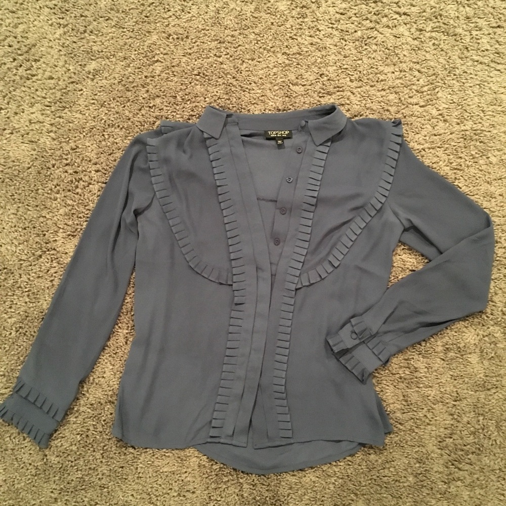 TOPSHOP dusty blue button down ruffle detail blouse